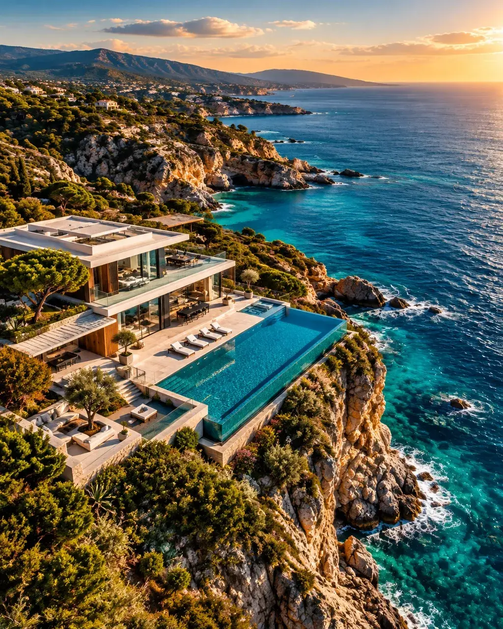 Aerial view of a modern luxury estate on the Mediterranean coast