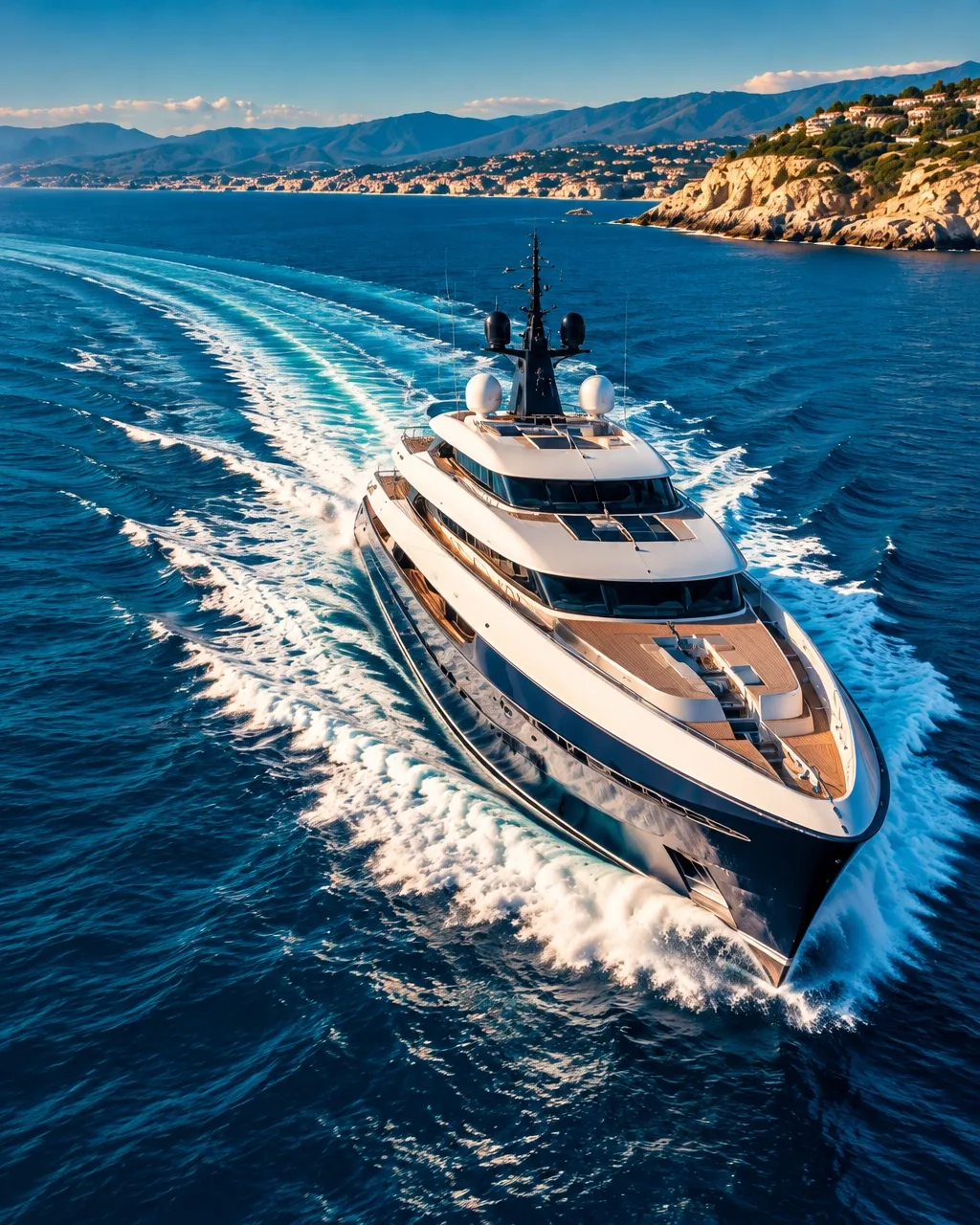 Luxury superyacht powering through deep blue water